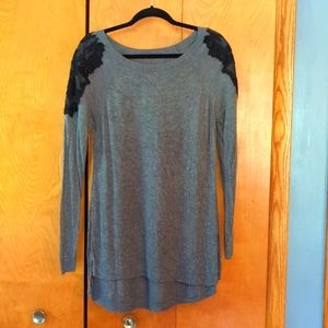 Womens Gray Long Sleeve Lace Shoulder Sweater